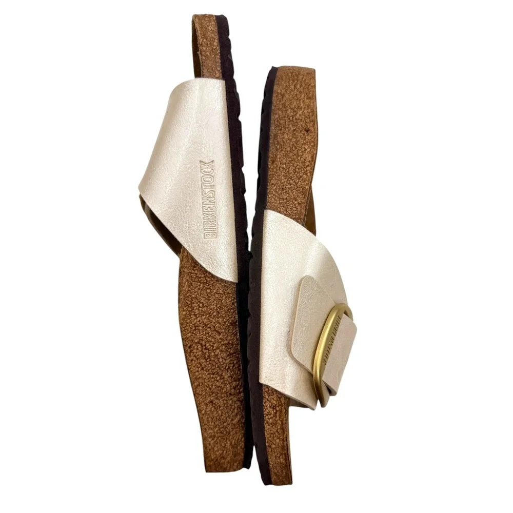 Birkenstock Madrid Big Buckle Pearl White Gold Leather Slide Sandals EU 41 US 10
